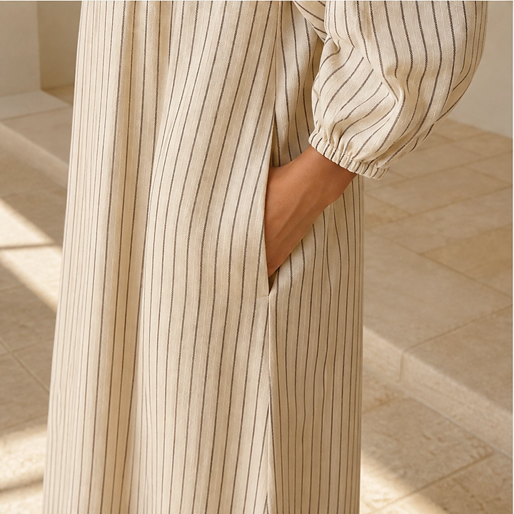 Marisol – Off-Shoulder Lantern-Sleeve Striped Maxi Dress with Pockets + 50% OFF