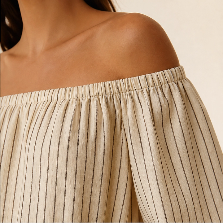 Marisol – Off-Shoulder Lantern-Sleeve Striped Maxi Dress with Pockets + 50% OFF