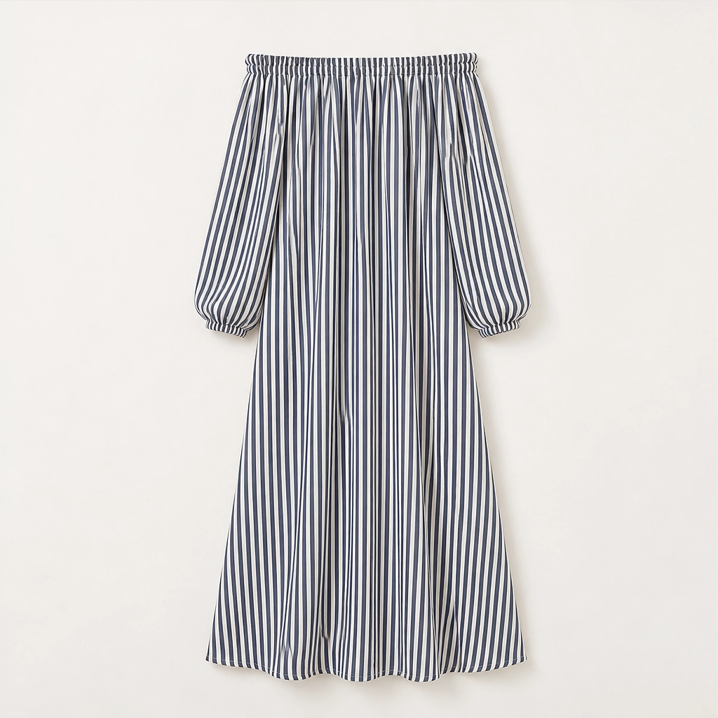 Marisol – Off-Shoulder Lantern-Sleeve Striped Maxi Dress with Pockets + 50% OFF