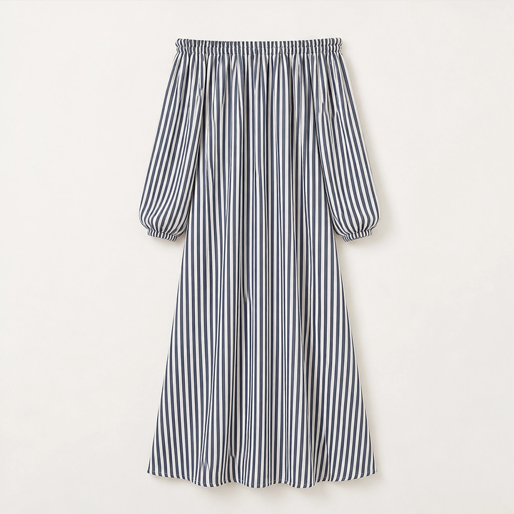 Marisol – Off-Shoulder Lantern-Sleeve Striped Maxi Dress with Pockets + 50% OFF