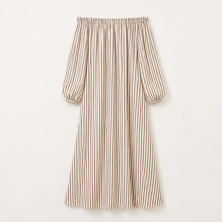Marisol – Off-Shoulder Lantern-Sleeve Striped Maxi Dress with Pockets + 50% OFF