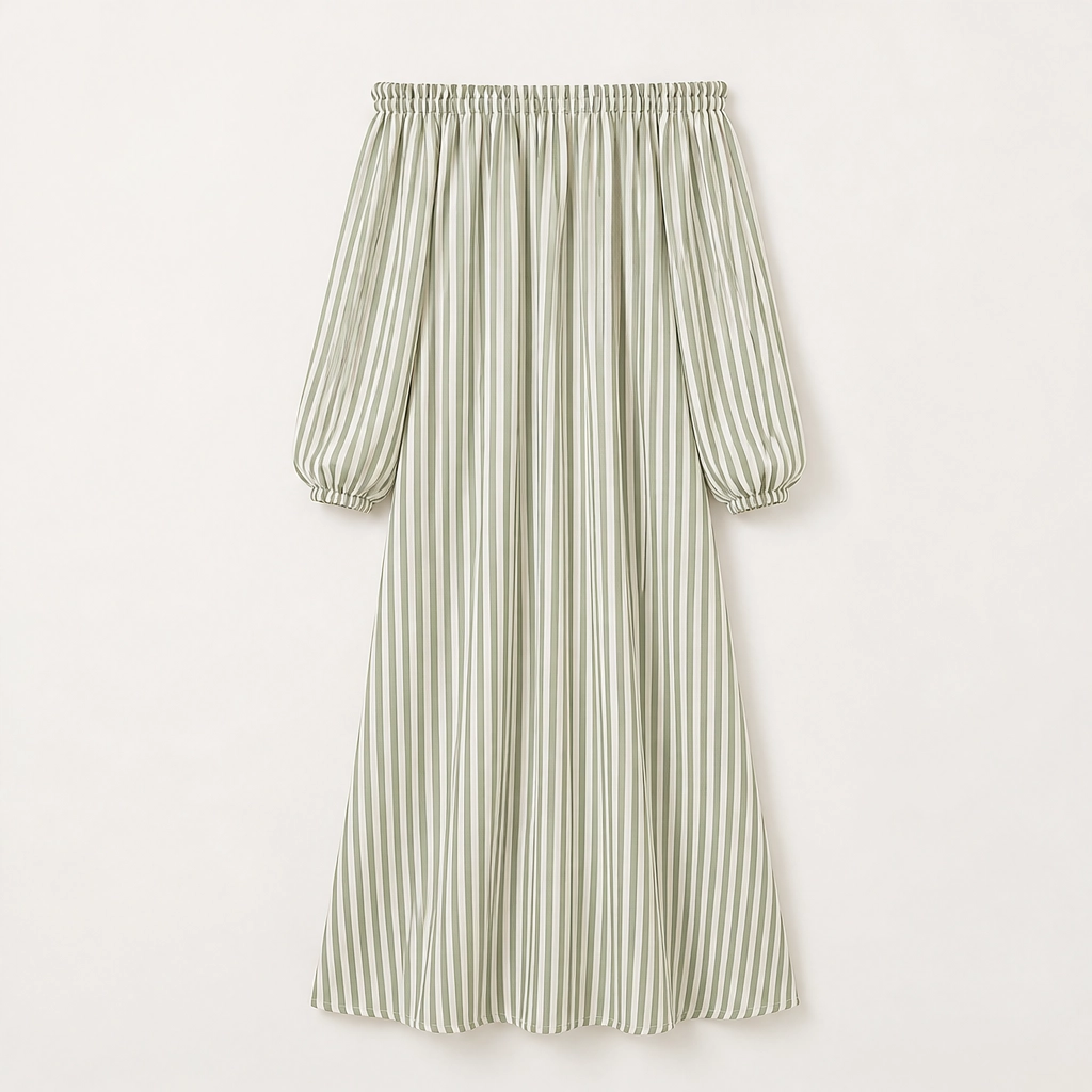 Marisol – Off-Shoulder Lantern-Sleeve Striped Maxi Dress with Pockets + 50% OFF
