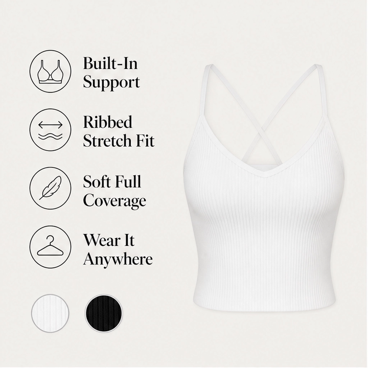 Poise – Built-In Bra Ribbed V-Neck Fitted Tank Top + 50% OFF