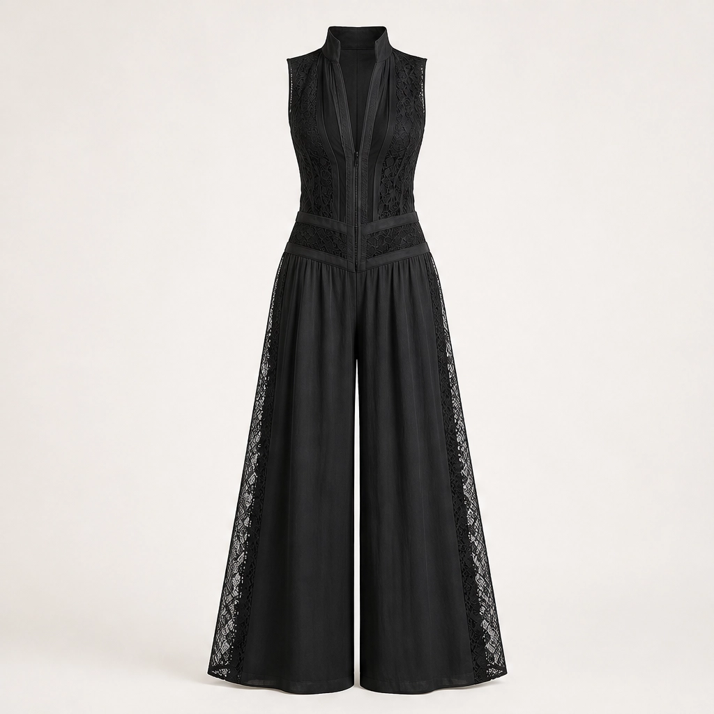 Verlaine – Lace-Panel Wide-Leg Jumpsuit with Adjustable Zip Collar + 50% OFF