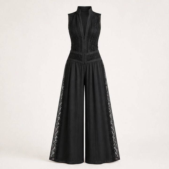 Verlaine – Lace-Panel Wide-Leg Jumpsuit with Adjustable Zip Collar + 50% OFF