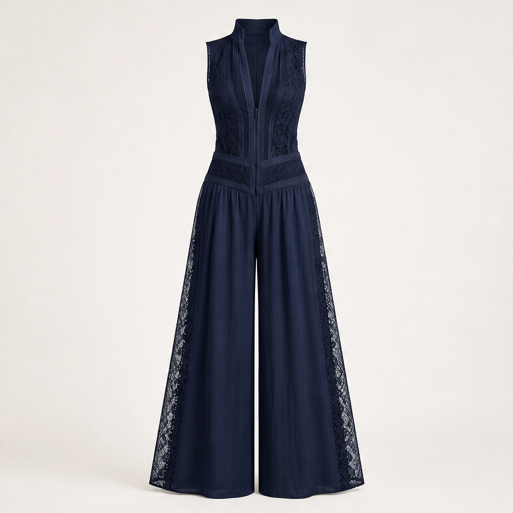 Verlaine – Lace-Panel Wide-Leg Jumpsuit with Adjustable Zip Collar + 50% OFF