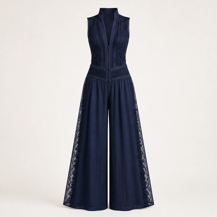 Verlaine – Lace-Panel Wide-Leg Jumpsuit with Adjustable Zip Collar + 50% OFF