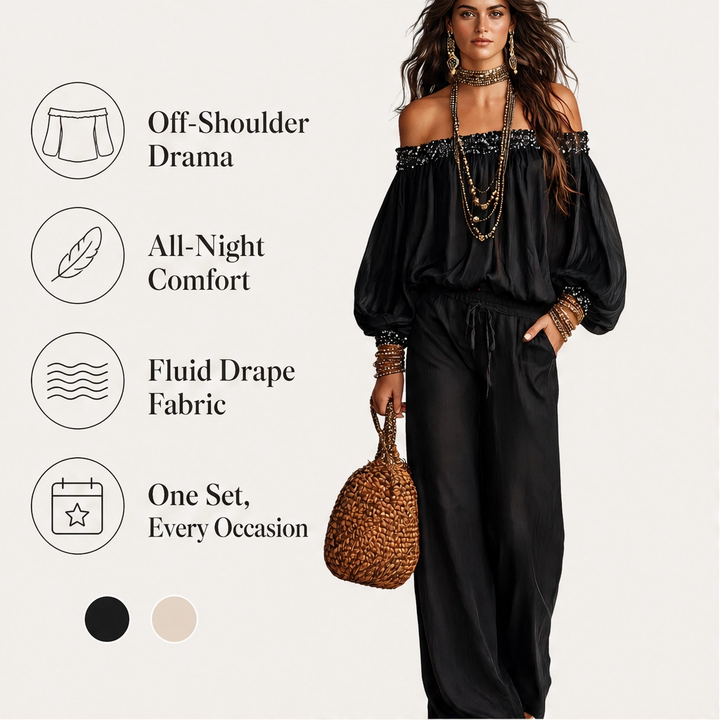 Noirelle – Off-Shoulder Sequined Top &amp; Wide-Leg Pants Set + 50% OFF