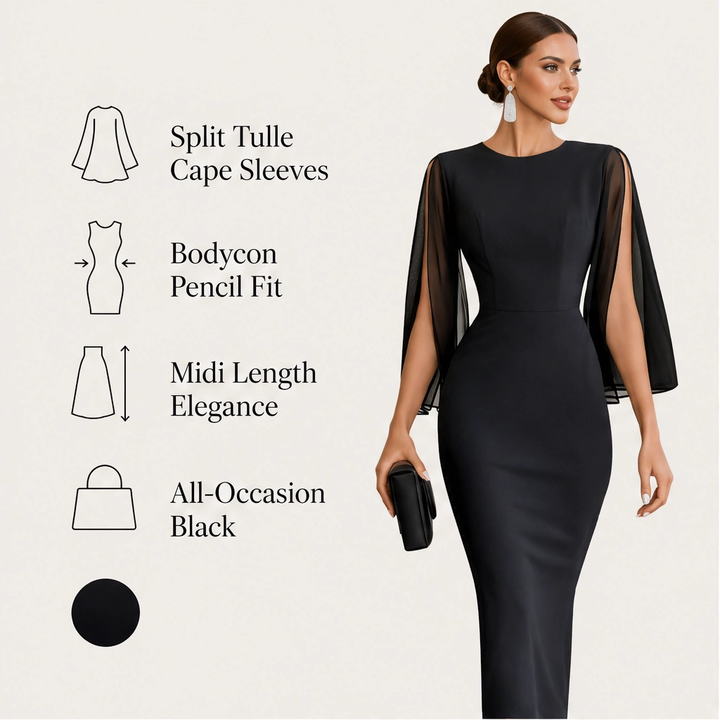 Soirelle – Chiffon Cape-Sleeve Fitted Midi Dress + 50% OFF