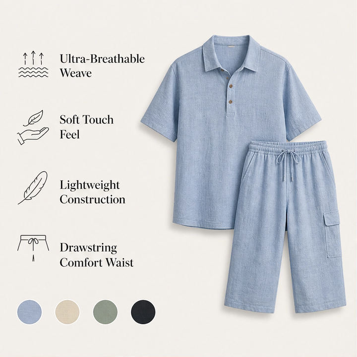 Duneport – Breathable Linen Blend Two-Piece Shirt &amp; Cargo Shorts Set + 50% OFF