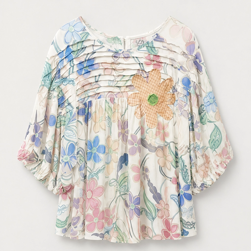 Primvale – Pleated Appliqué Floral Puff-Sleeve Blouse + 50% OFF