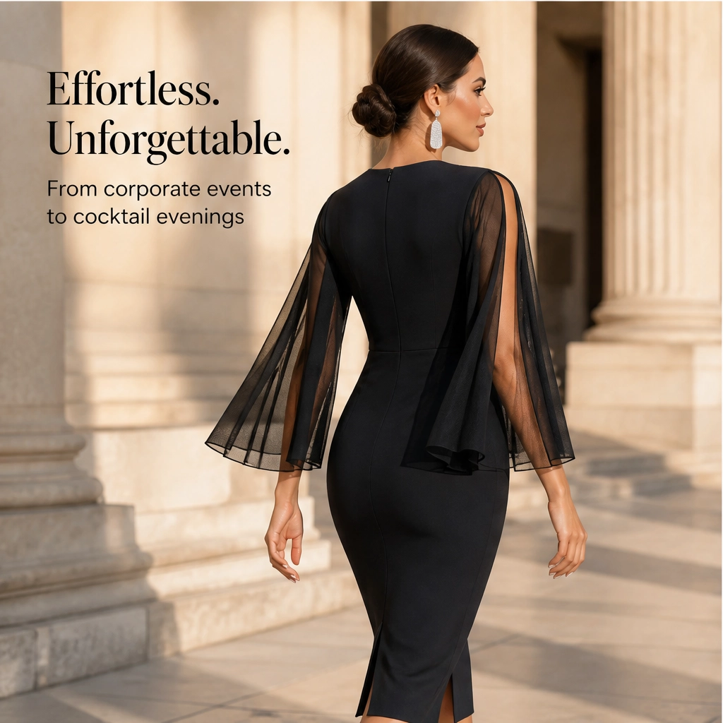 Soirelle – Chiffon Cape-Sleeve Fitted Midi Dress + 50% OFF