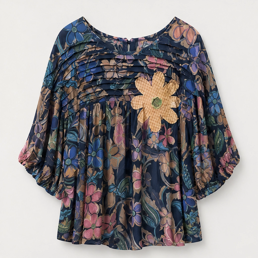 Primvale – Pleated Appliqué Floral Puff-Sleeve Blouse + 50% OFF