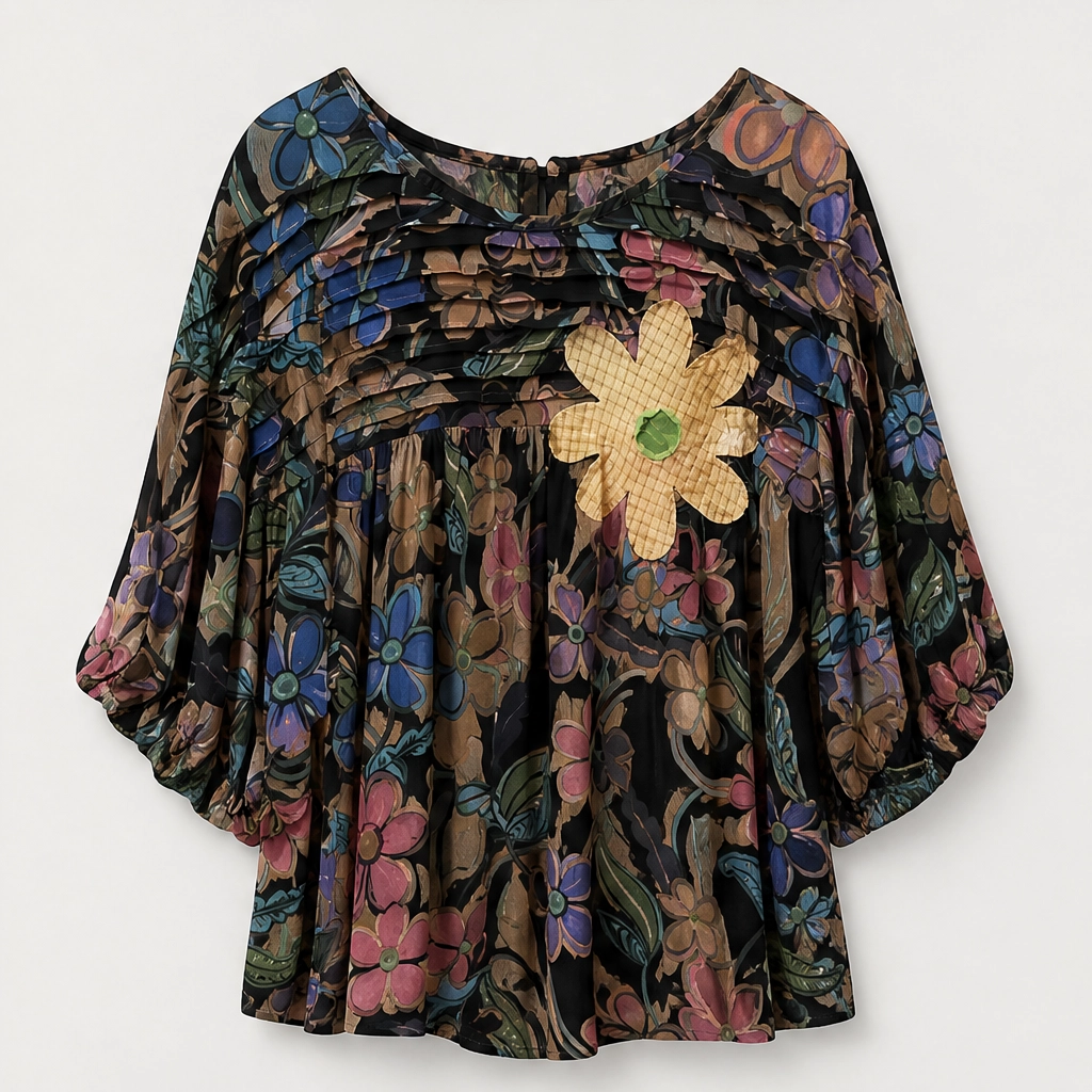 Primvale – Pleated Appliqué Floral Puff-Sleeve Blouse + 50% OFF