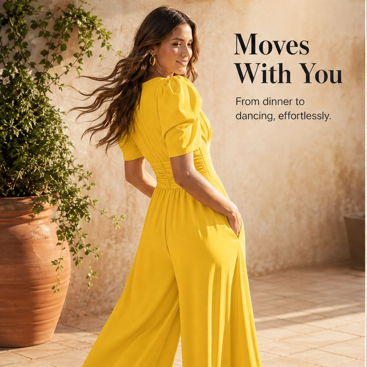 Ruchelle – Deep V-Neck Ruched-Waist Wide-Leg Jumpsuit + 50% OFF