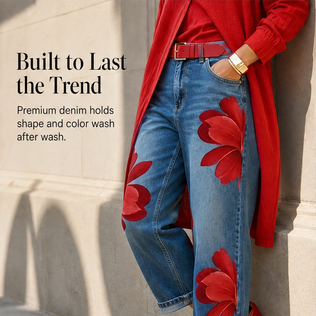 Petalene – Artistic Floral-Print Wide-Leg Cropped Jeans + 50% OFF