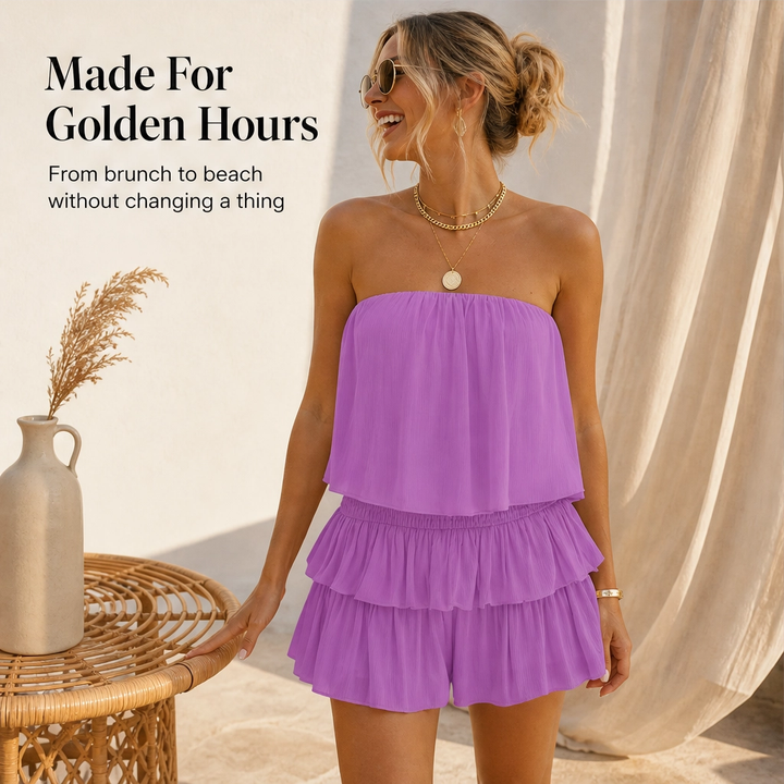 Solene – Strapless Tiered Ruffle Smocked Summer Romper + 50% OFF