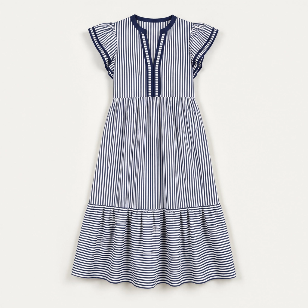 Marisole – V-Neck Ruffle Striped Midi Dress with Pockets + 50% OFF