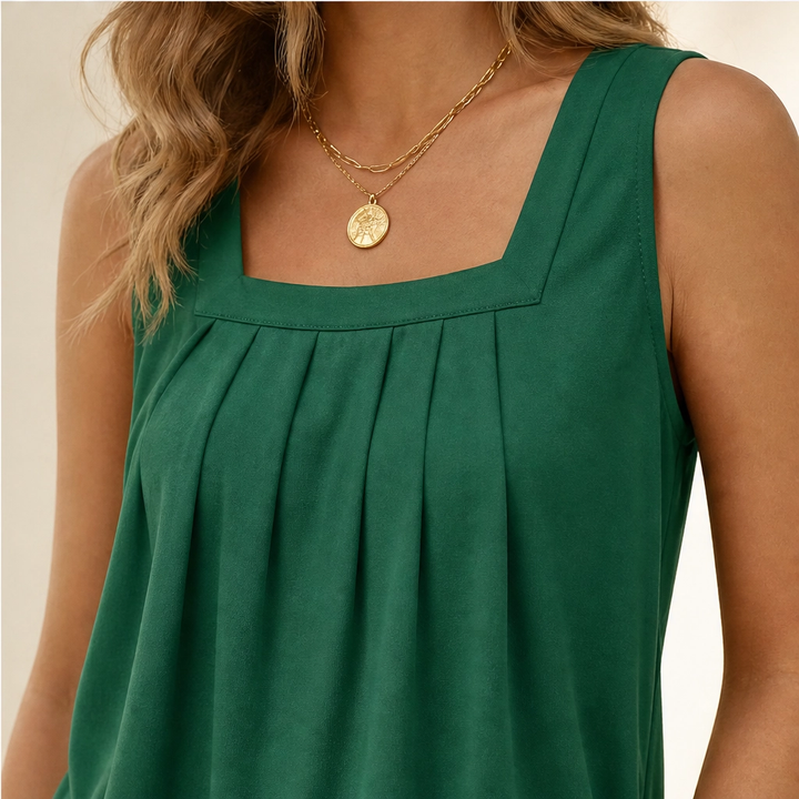 Vellara – Pleated Square Neck Flowy Sleeveless Tank Top + 50% OFF