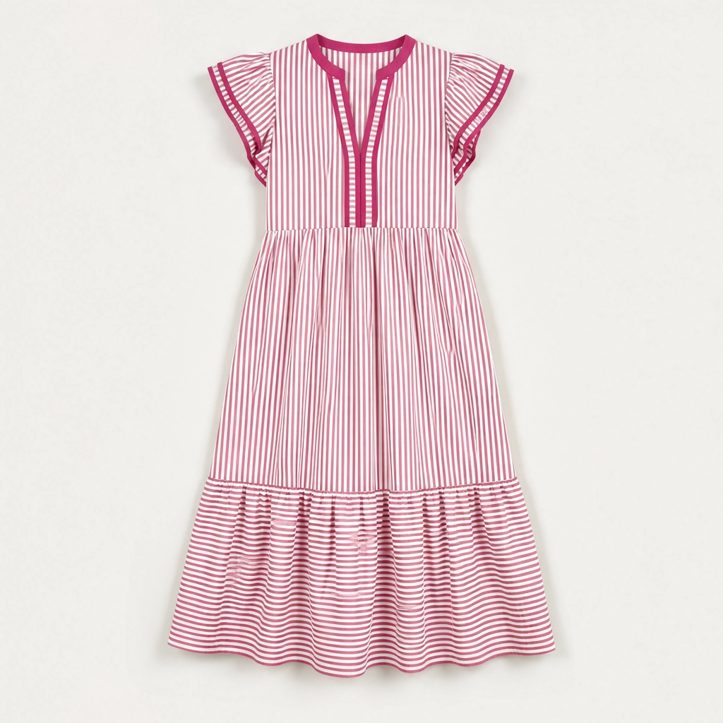 Marisole – V-Neck Ruffle Striped Midi Dress with Pockets + 50% OFF