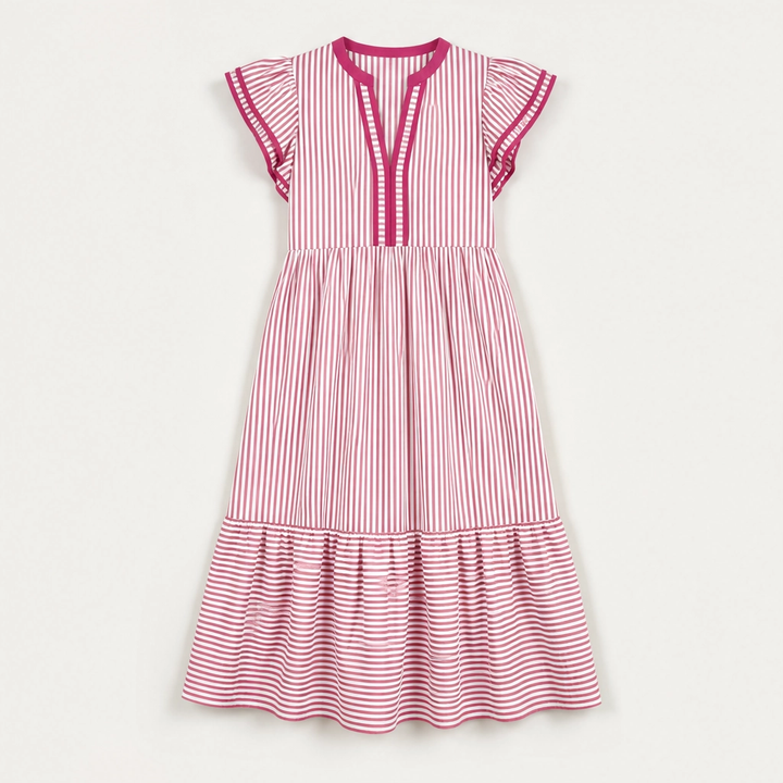 Marisole – V-Neck Ruffle Striped Midi Dress with Pockets + 50% OFF