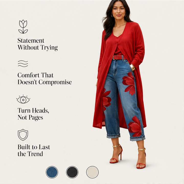 Petalene – Artistic Floral-Print Wide-Leg Cropped Jeans + 50% OFF