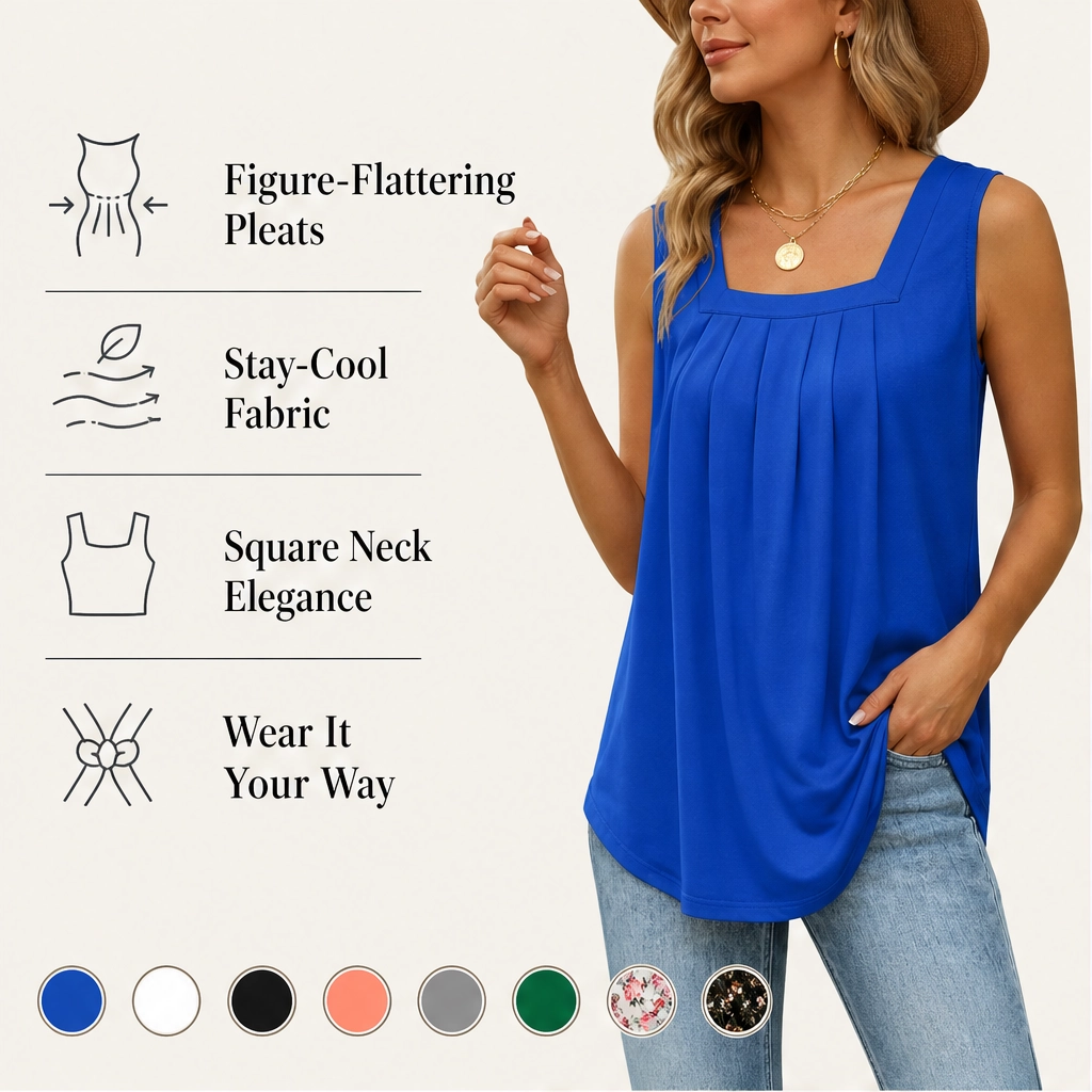 Vellara – Pleated Square Neck Flowy Sleeveless Tank Top + 50% OFF