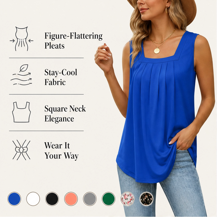 Vellara – Pleated Square Neck Flowy Sleeveless Tank Top + 50% OFF