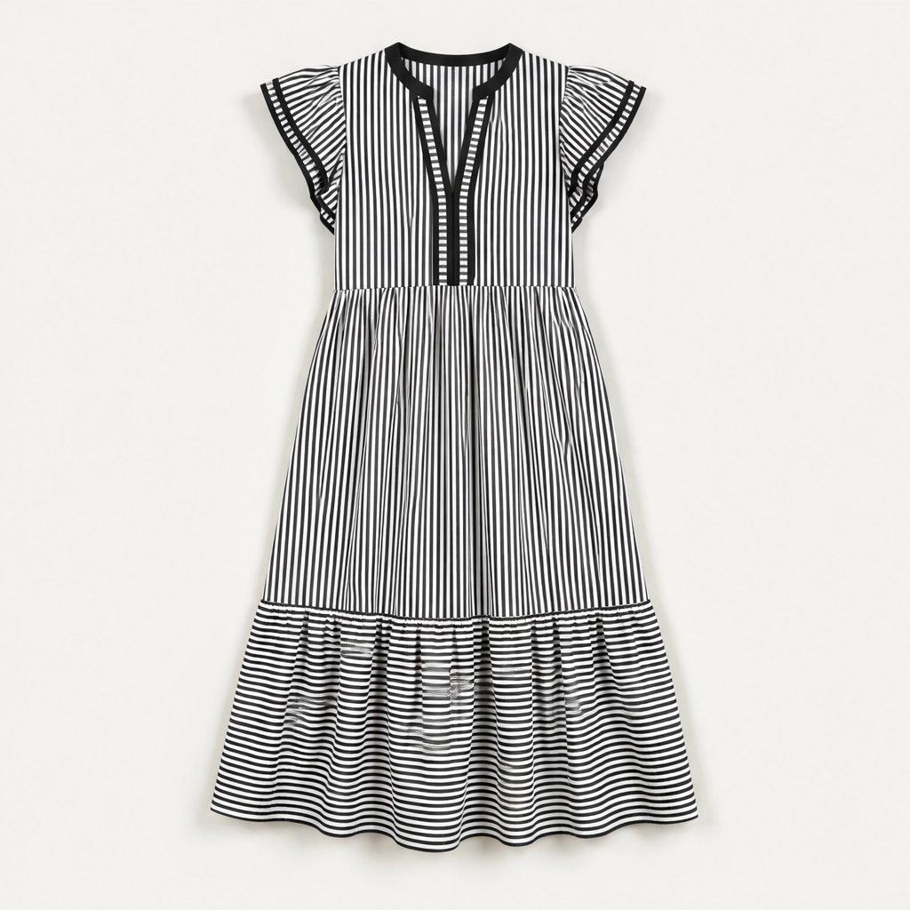 Marisole – V-Neck Ruffle Striped Midi Dress with Pockets + 50% OFF