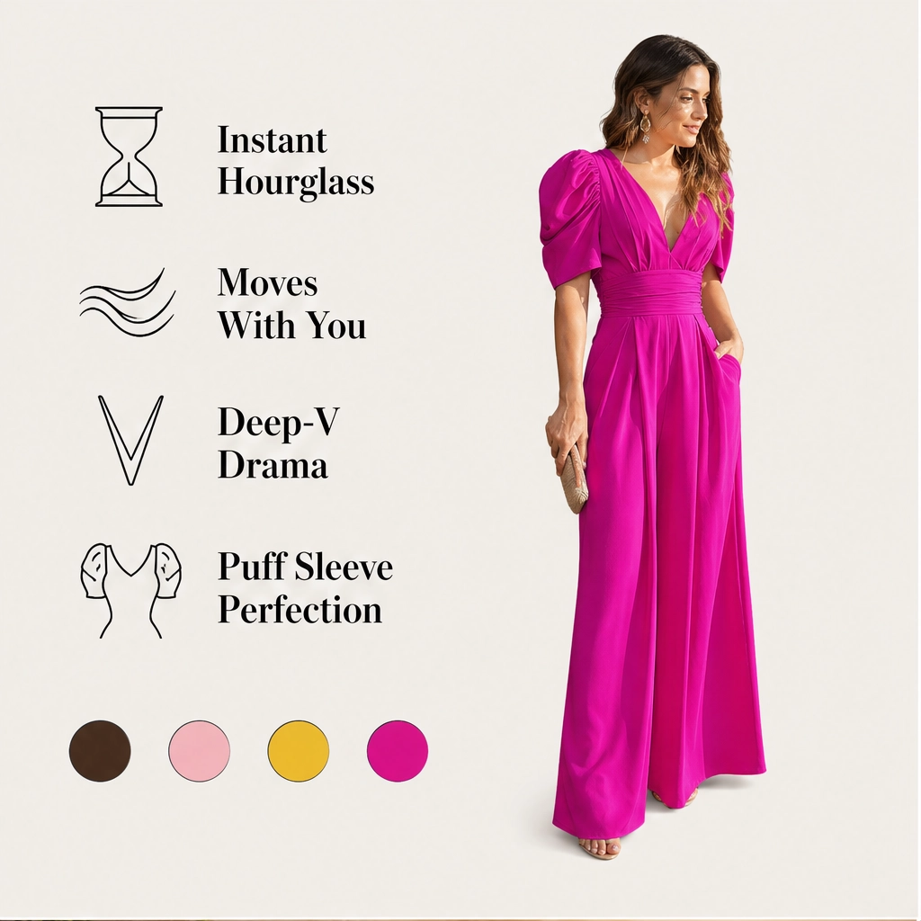Ruchelle – Deep V-Neck Ruched-Waist Wide-Leg Jumpsuit + 50% OFF