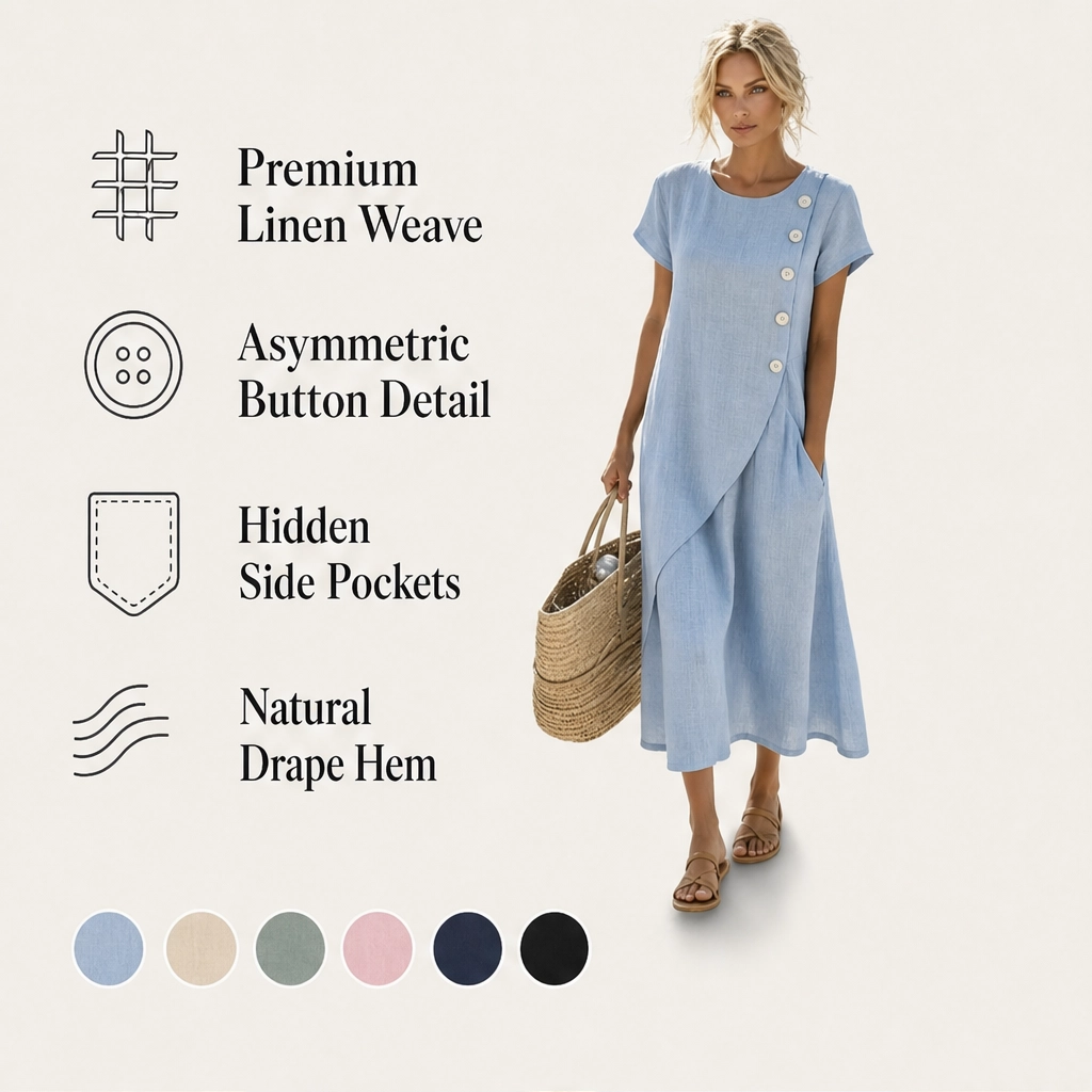 Solene – Asymmetrical Button Breathable Summer Midi Dress + 50% OFF