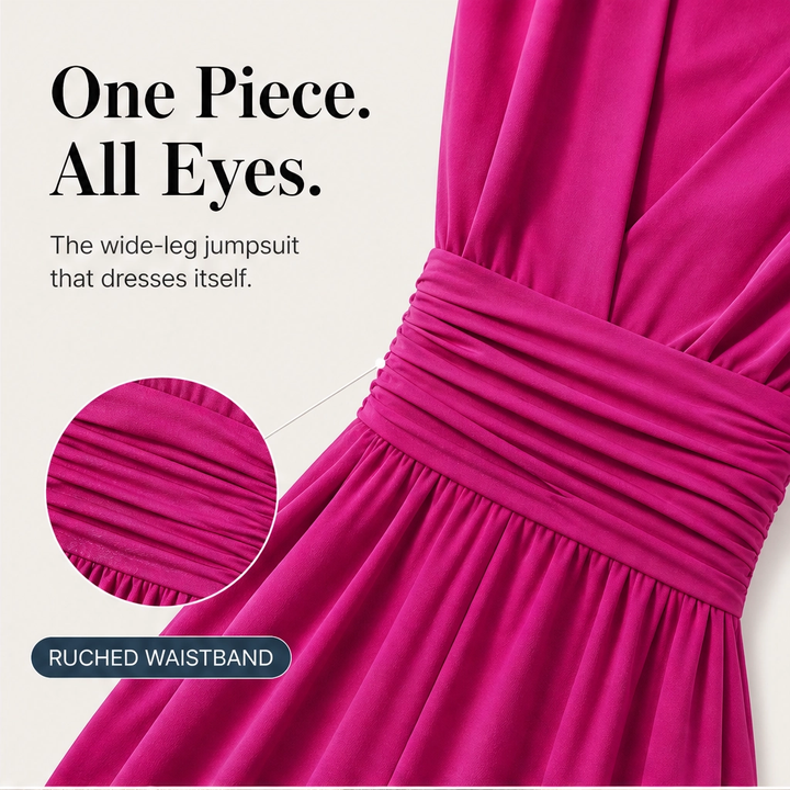 Ruchelle – Deep V-Neck Ruched-Waist Wide-Leg Jumpsuit + 50% OFF