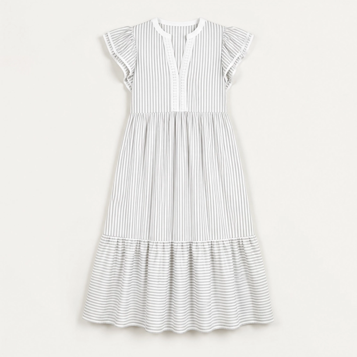 Marisole – V-Neck Ruffle Striped Midi Dress with Pockets + 50% OFF