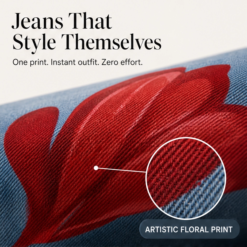 Petalene – Artistic Floral-Print Wide-Leg Cropped Jeans + 50% OFF