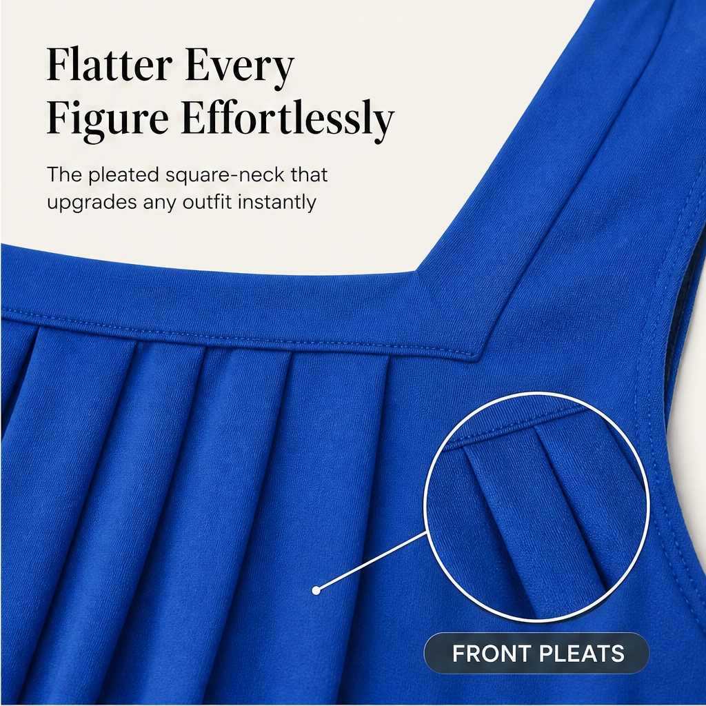 Vellara – Pleated Square Neck Flowy Sleeveless Tank Top + 50% OFF