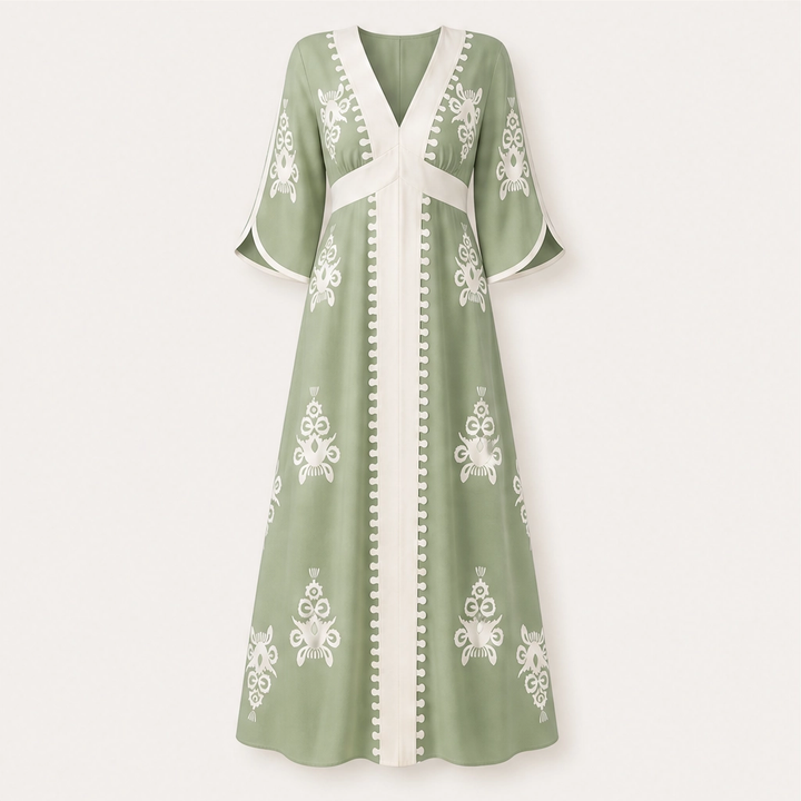 Solene – V-Neck Waist-Defining Print Maxi Dress with Pockets + 50% OFF