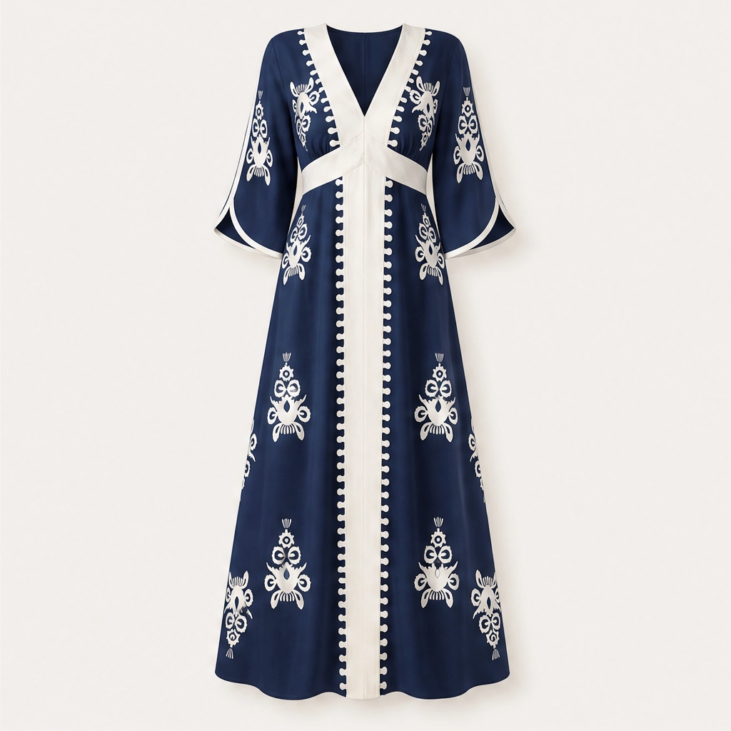 Solene – V-Neck Waist-Defining Print Maxi Dress with Pockets + 50% OFF