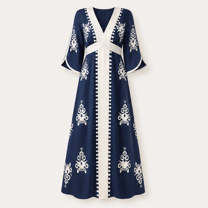 Solene – V-Neck Waist-Defining Print Maxi Dress with Pockets + 50% OFF