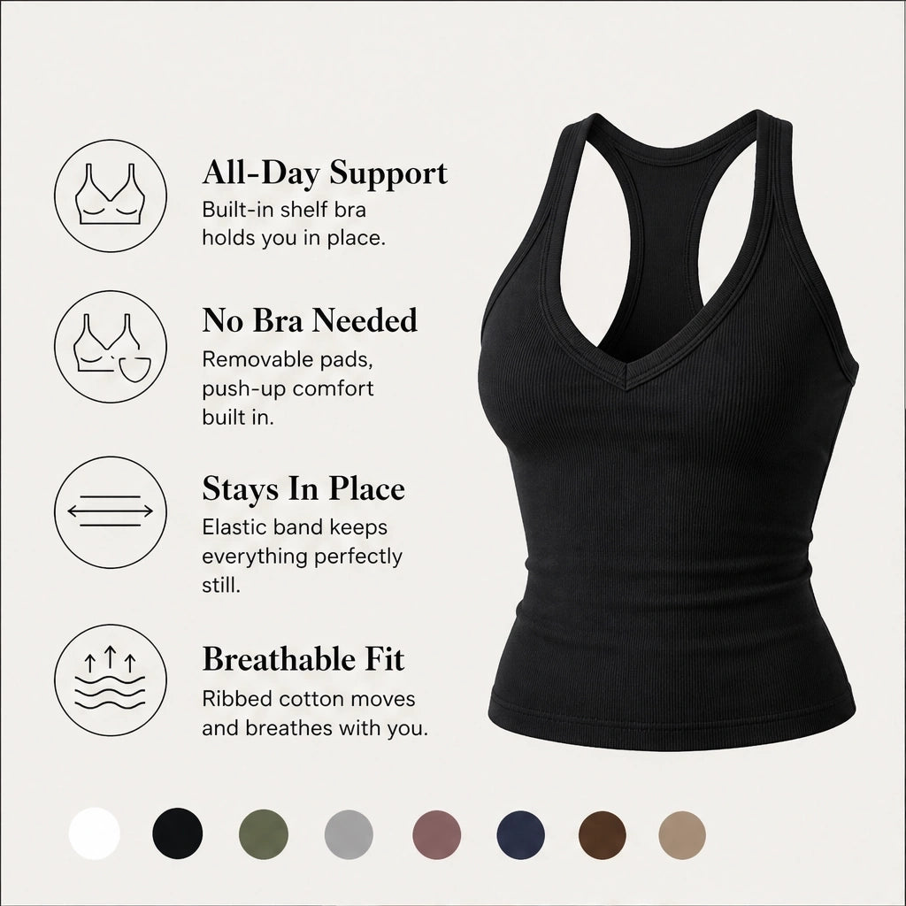 Ribelle – Ribbed V-Neck Tank Top with Built-In Shelf Bra + 1+1 FREE