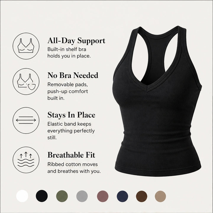Ribelle – Ribbed V-Neck Tank Top with Built-In Shelf Bra + 1+1 FREE