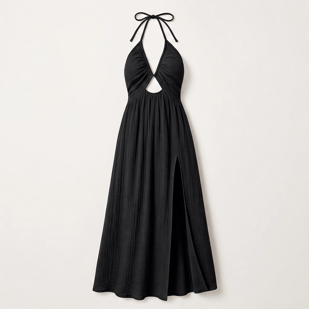 Solenne – Halter V-Neck Cutout Maxi Dress with High Slit + 50% OFF