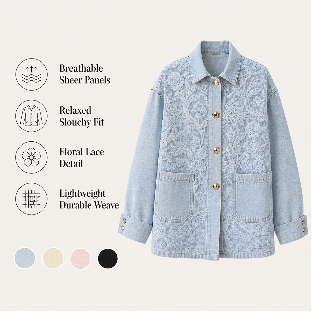 Fleurette – Floral Lace Patchwork Loose Denim Jacket + 50% OFF