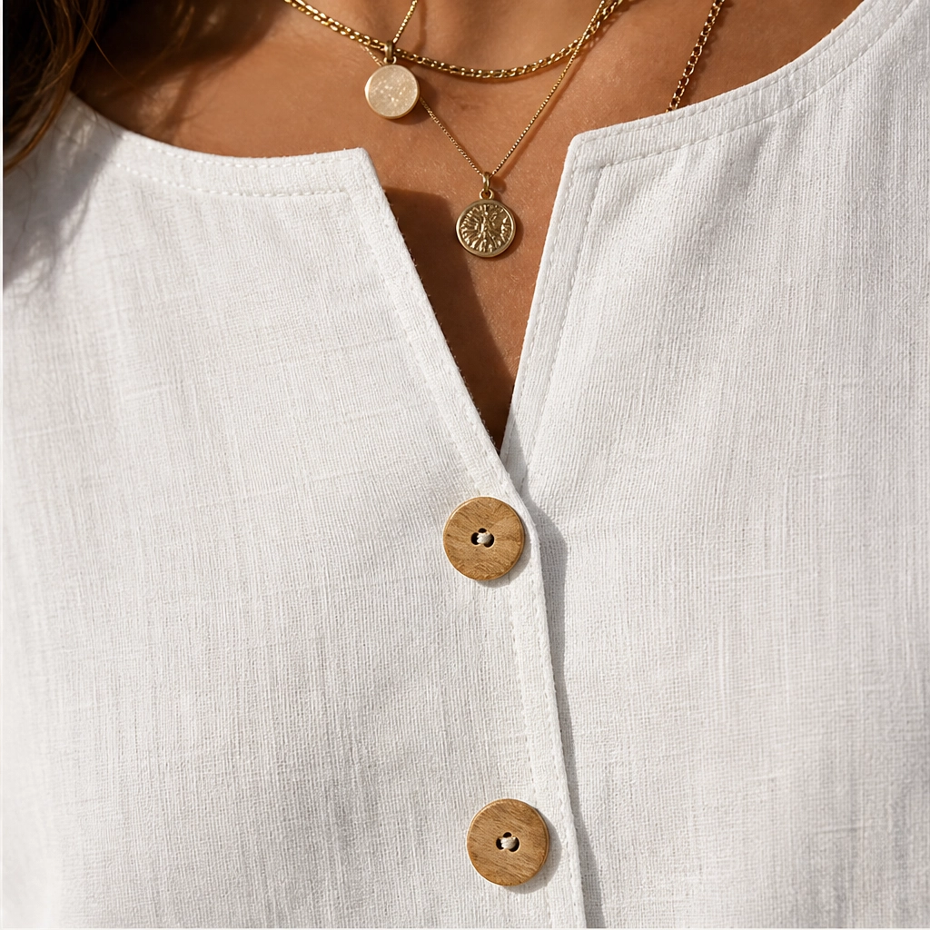 Linnea – Breathable V-Neck Button Top with Wooden Buttons + 50% OFF