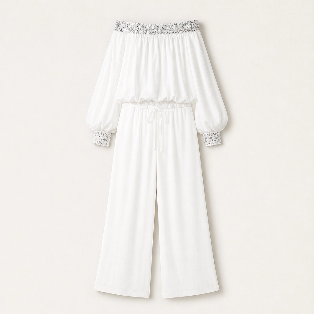 Noirelle – Off-Shoulder Sequined Top &amp; Wide-Leg Pants Set + 50% OFF