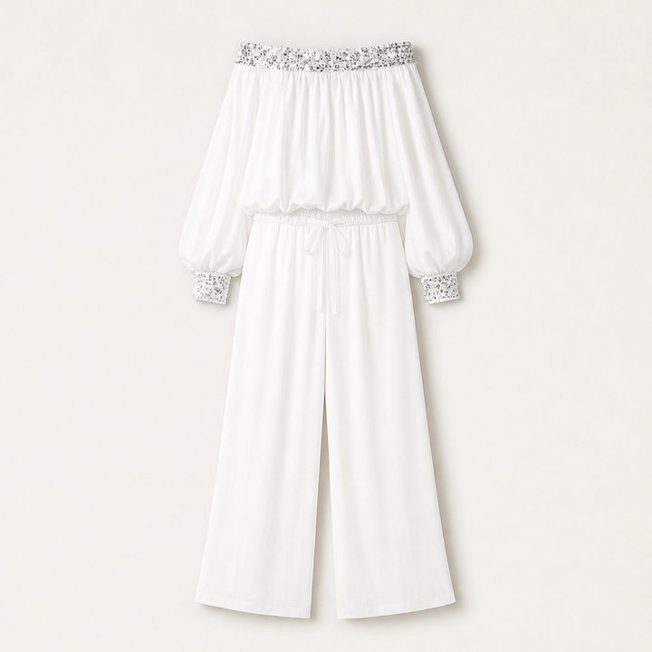 Noirelle – Off-Shoulder Sequined Top &amp; Wide-Leg Pants Set + 50% OFF