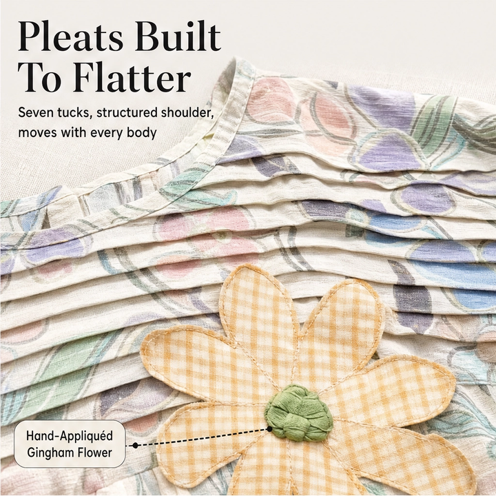 Primvale – Pleated Appliqué Floral Puff-Sleeve Blouse + 50% OFF