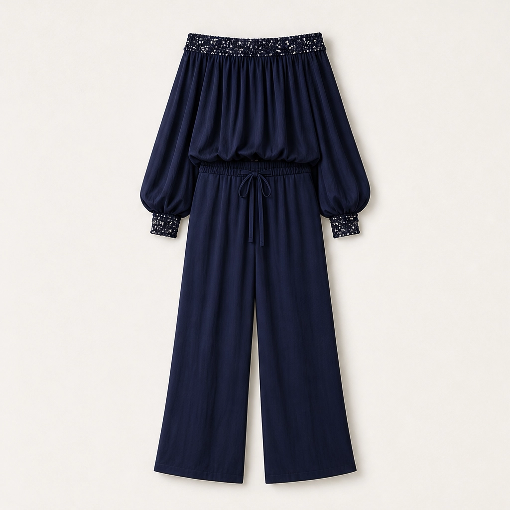 Noirelle – Off-Shoulder Sequined Top &amp; Wide-Leg Pants Set + 50% OFF