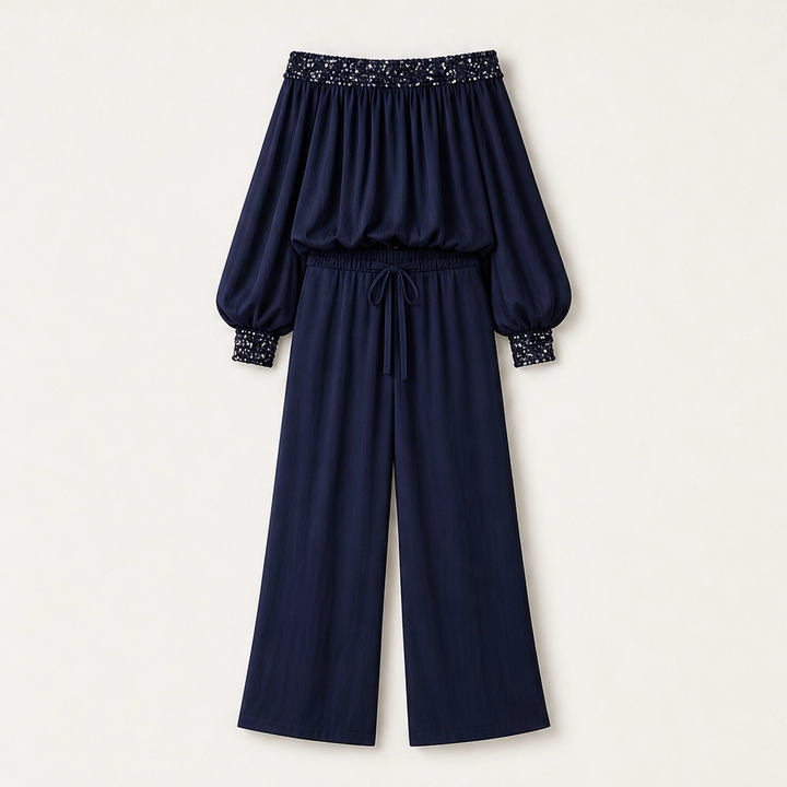 Noirelle – Off-Shoulder Sequined Top &amp; Wide-Leg Pants Set + 50% OFF
