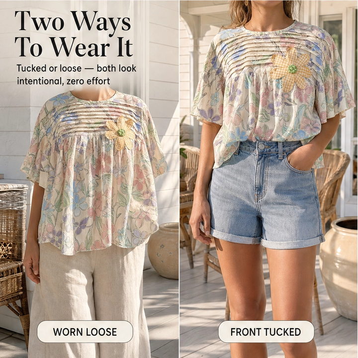 Primvale – Pleated Appliqué Floral Puff-Sleeve Blouse + 50% OFF