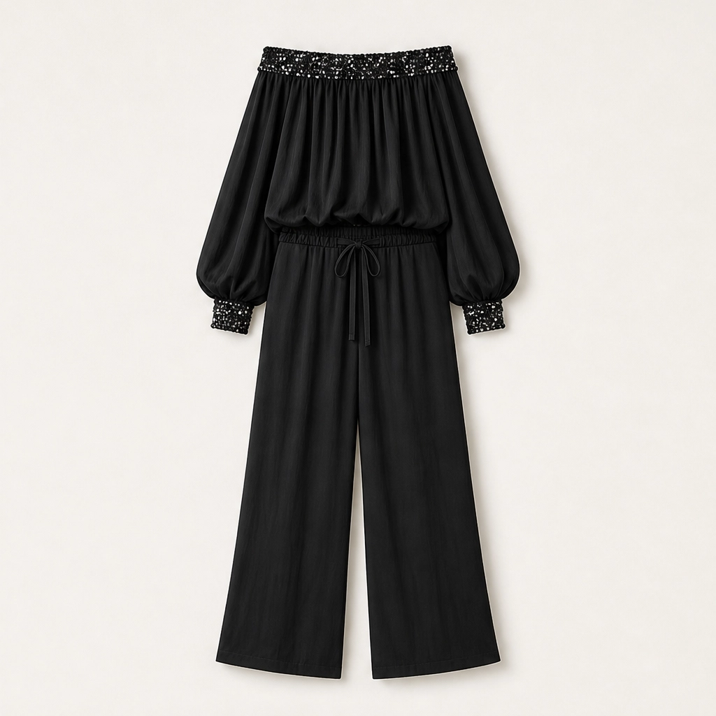 Noirelle – Off-Shoulder Sequined Top &amp; Wide-Leg Pants Set + 50% OFF